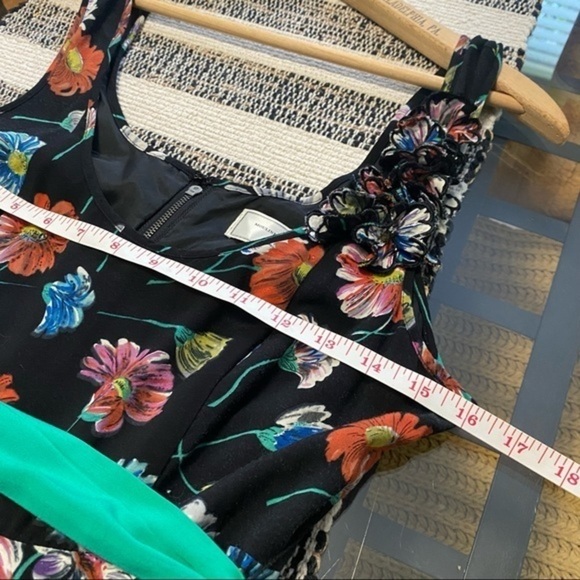 Anthropologie Moulinette Soeurs Black Floral Print Green Belt Sleeveless Dress - Picture 12 of 15